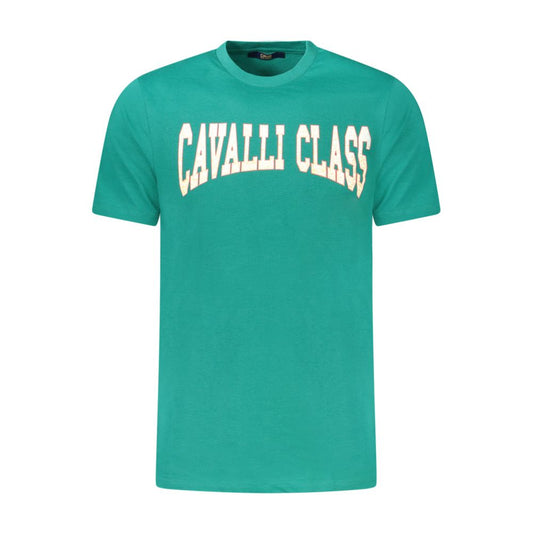 Cavalli Class Green Cotton T-Shirt with short sleeves, crew neck, and logo print on the front.