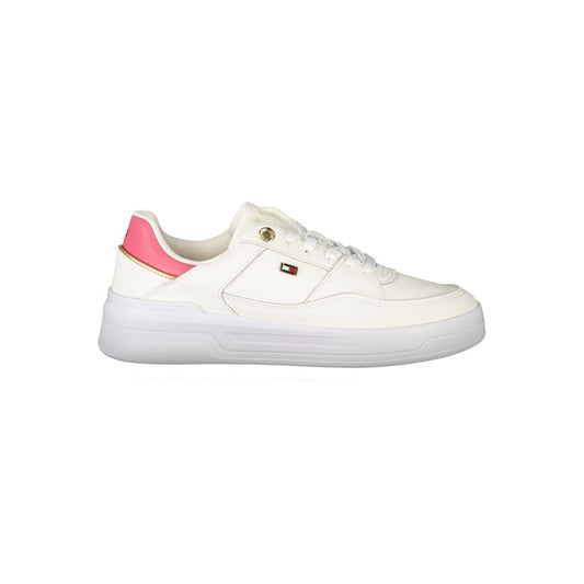 Tommy Hilfiger White Polyethylene Women Sneaker with gold and fuchsia accents, side view