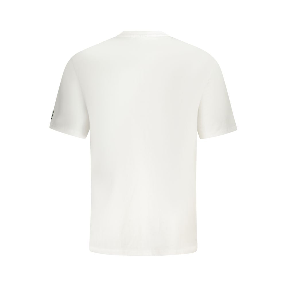 Back view of Fila White Cotton Men T-Shirt featuring 100% cotton fabric and green logo for a stylish and comfortable look.