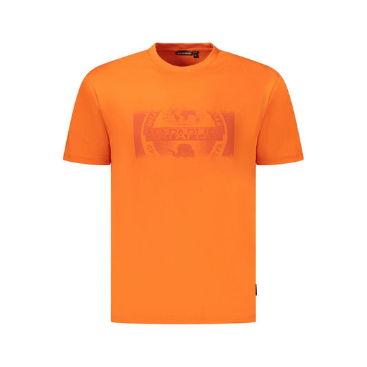 Napapijri Orange Cotton Men T-Shirt with short sleeves and bold logo, perfect for a modern trendsetter seeking comfort and style.