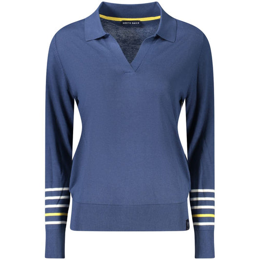 North Sails Blue Cotton Women Sweater with V-neck and stripe details, featuring the signature logo for an elegant and sophisticated look.