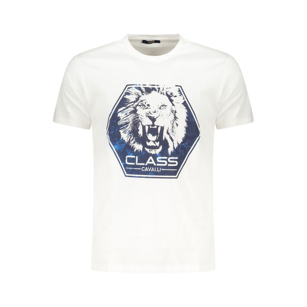 Cavalli Class White Cotton Men T-Shirt with bold lion print and brand logo, short sleeve, crafted for comfort and style.