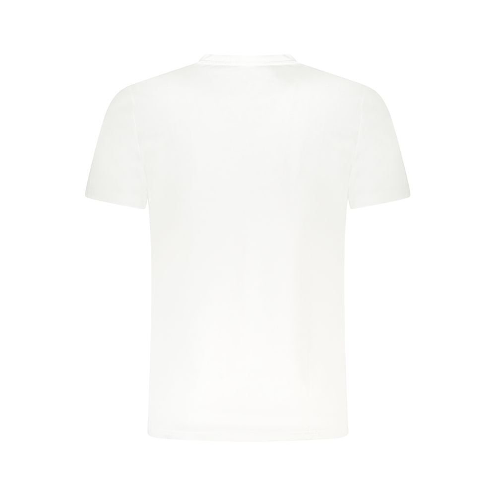 Cavalli Class White Cotton Men T-Shirt with short sleeves, featuring bold print and brand logo, made from luxurious cotton for comfort.