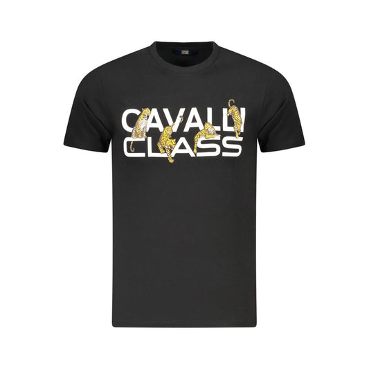 Cavalli Class Black Cotton Men T-Shirt featuring bold logo print on front, made in Bangladesh.