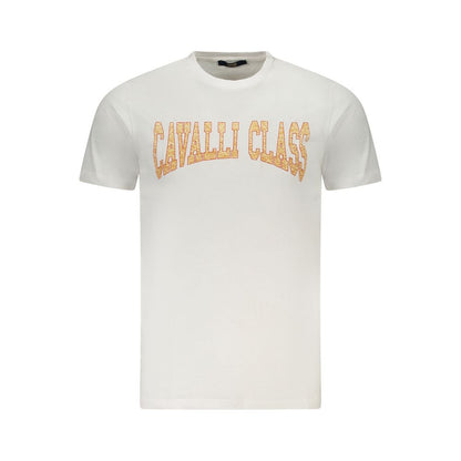 Cavalli Class White Cotton Men T-Shirt with logo print, short sleeves, luxurious design, comfortable fit.