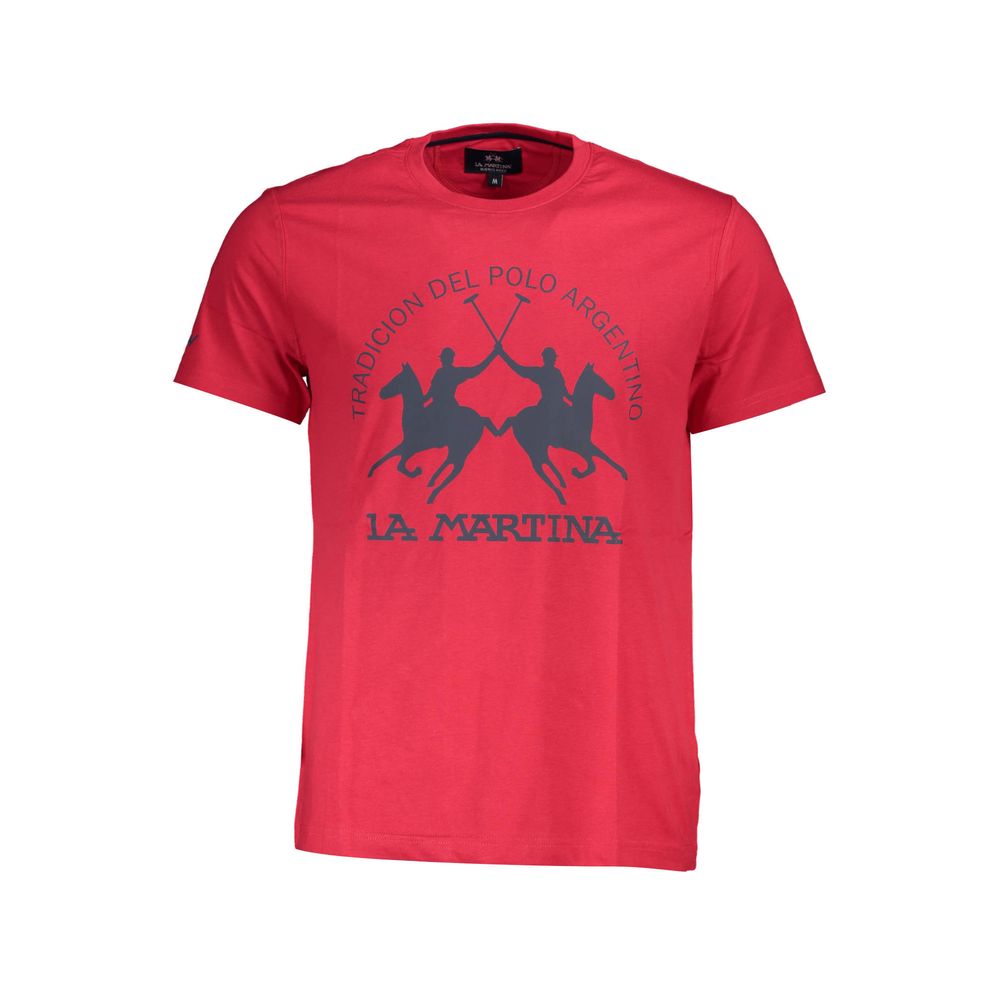 La Martina Red Cotton Men T-Shirt with logo and print, short sleeves