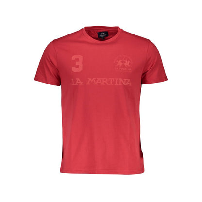La Martina Red Cotton Men T-Shirt with short sleeves and logo print on front.
