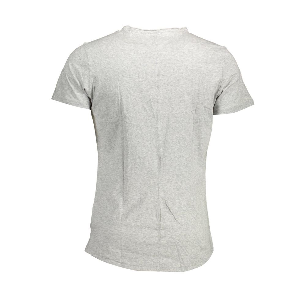 Back view of gray neutral T-shirt highlighting short sleeves and casual design.