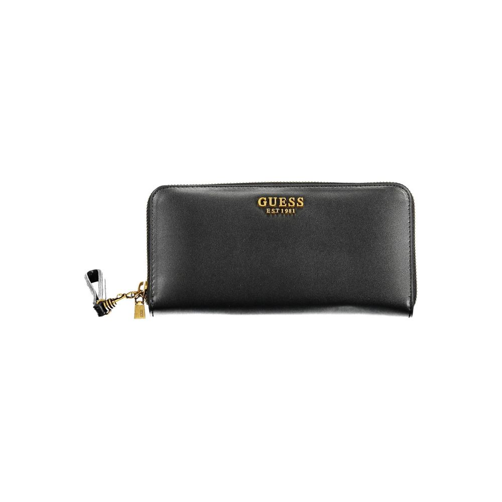 Guess Jeans Black Polyethylene Women Wallet with zip closure and external pocket, perfect for organized and stylish storage.