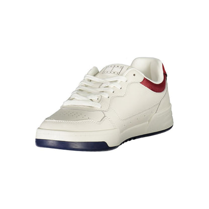 Tommy Hilfiger White Leather Men Sneaker with bold contrasting details and iconic logo print.