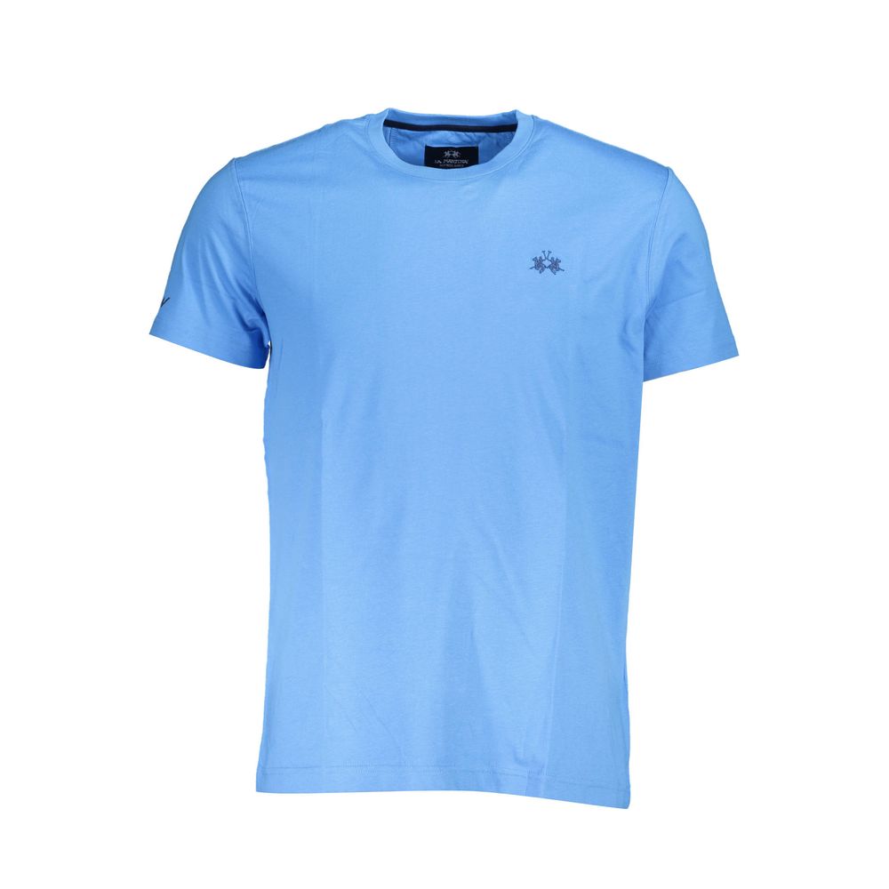 La Martina Blue Cotton Men T-Shirt with crew neck and logo embroidery, showcasing luxury and style in a sophisticated blue hue.