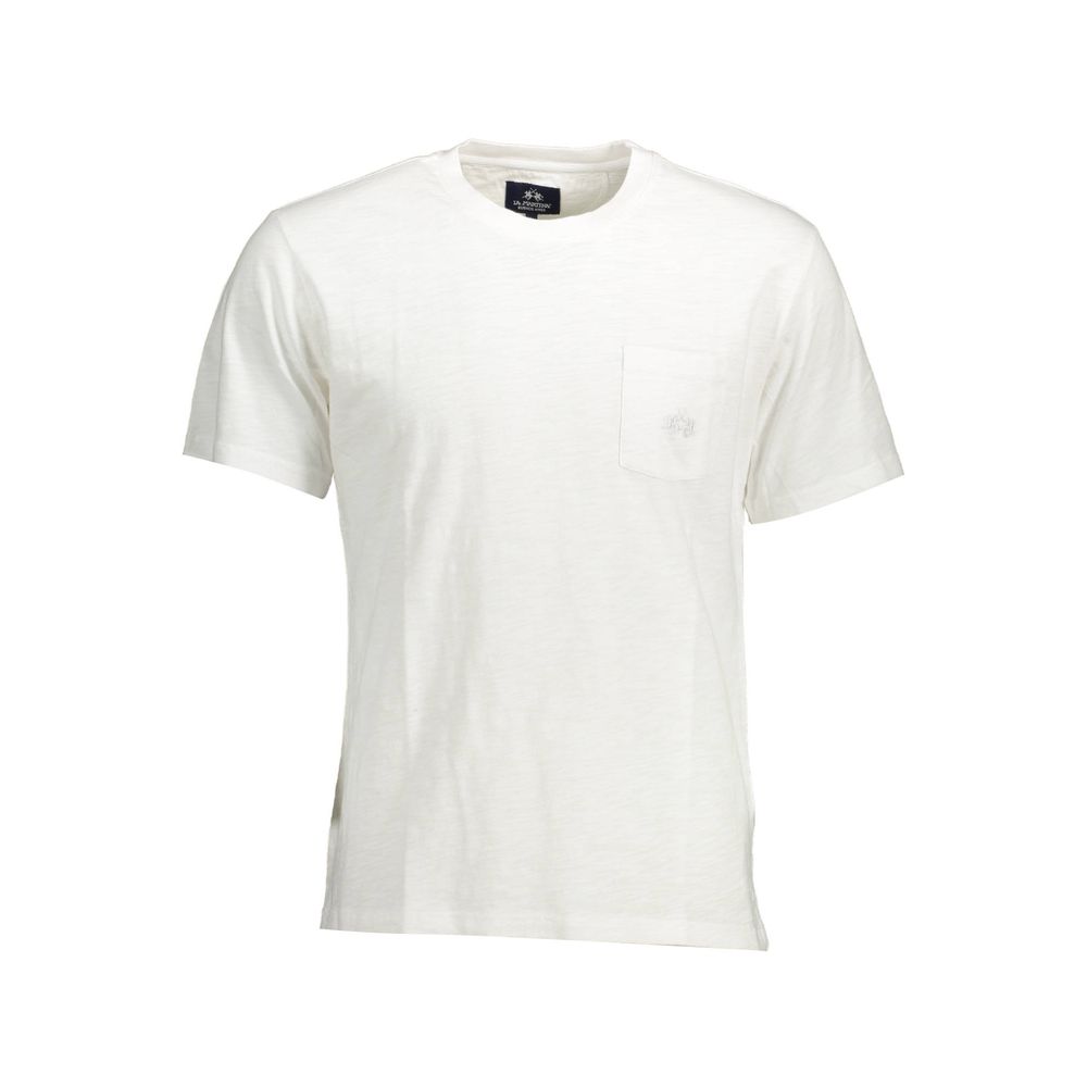 La Martina White Cotton Men T-Shirt with short sleeves and pocket detail, featuring embroidered logo for casual style.