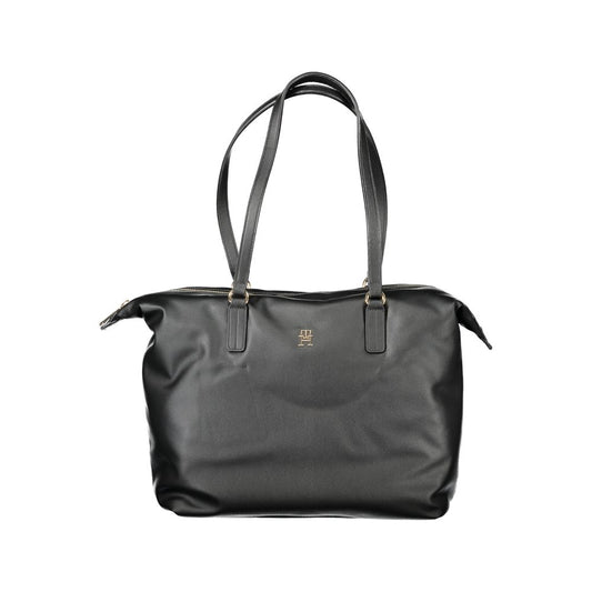 Tommy Hilfiger Black Polyester Women Handbag with dual handles and zip closure, showcasing sleek and minimalistic design for modern fashionistas.