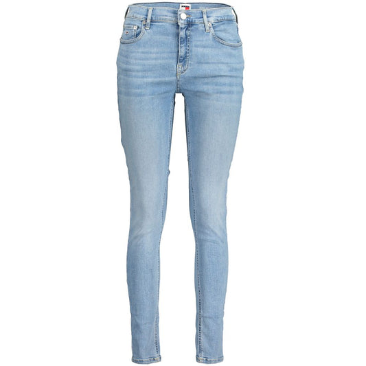 Front view of Tommy Hilfiger Blue Cotton Women Jeans with a washed effect and signature Tommy logo on button closure.