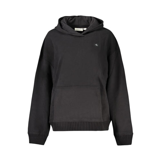 Calvin Klein Black Cotton Women Sweater with hood and central pocket, showcasing a sleek design and iconic logo applique for stylish comfort.