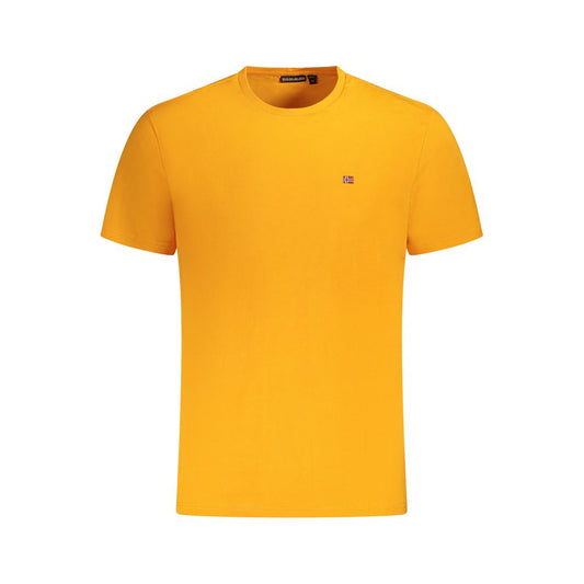 Napapijri Orange Cotton Men T-Shirt with classic crew neck and bold embroidery, perfect for elevating casual style and making a tasteful fashion statement.
