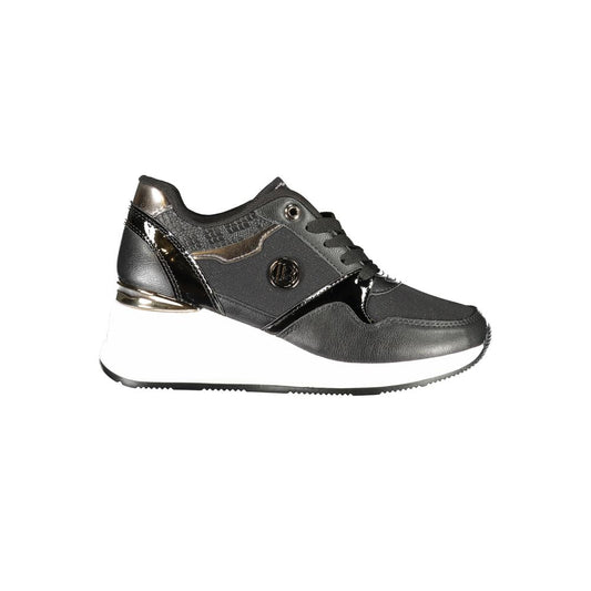 Laura Biagiotti Black Synthetic Women Sneaker with 4 cm heel, sleek black silhouette, and removable insole for comfort and style.