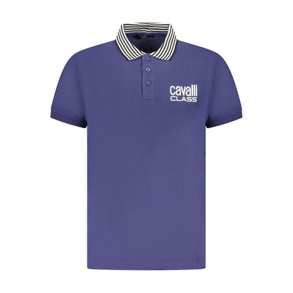 Cavalli Class Blue Cotton Men Polo Shirt with contrasting collar and logo, perfect blend of style and comfort for versatile wear.