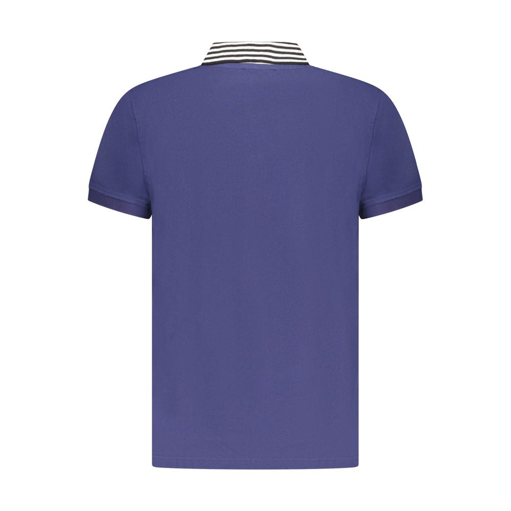 Cavalli Class Blue Cotton Men Polo Shirt with striped collar, back view, showcasing elegant style and premium cotton comfort.