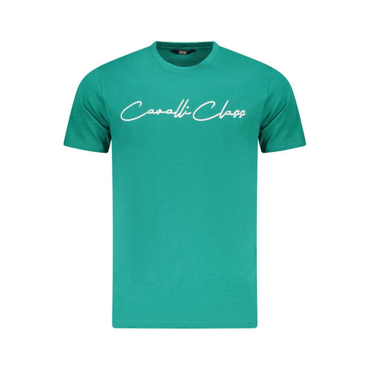 Cavalli Class Green Cotton Men T-Shirt with signature print and logo, short sleeve design, luxury crew neck, vibrant color fashion statement.