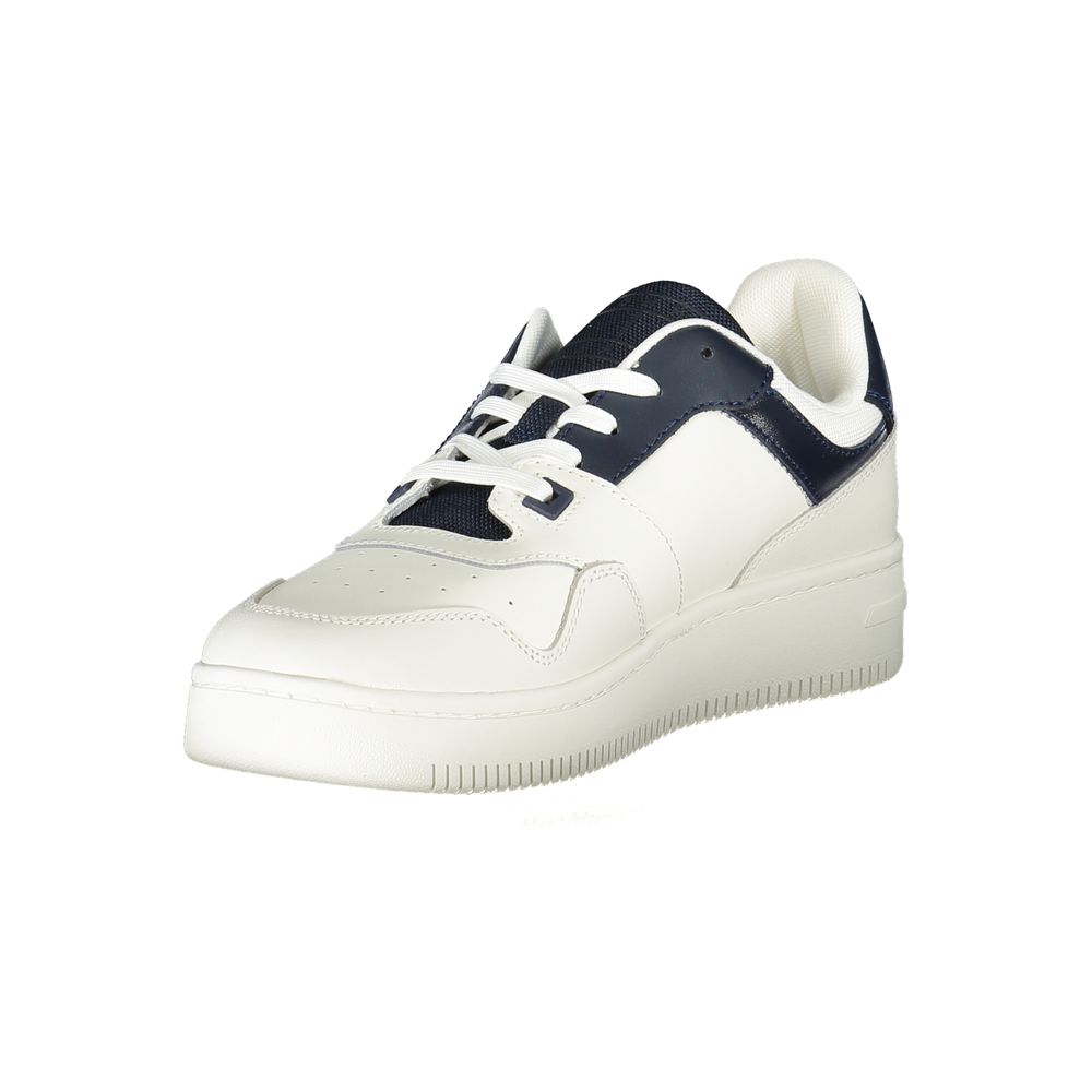 Tommy Hilfiger Blue Leather Men Sneaker with white sole and navy details, featuring iconic logo and removable insole for comfort.