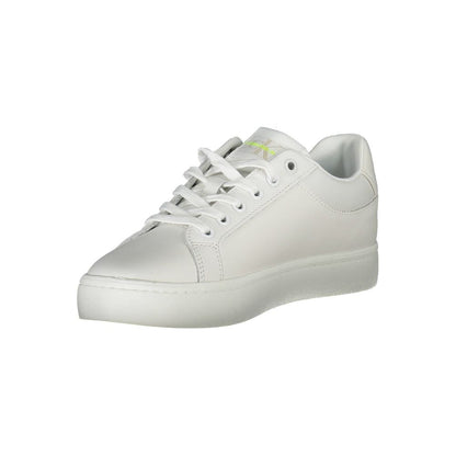 Calvin Klein White Leather Women Sneaker featuring recycled materials and iconic logo, perfect for the eco-conscious trendsetter.