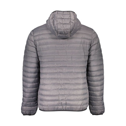 Back view of North Sails Gray Polyamide Men Jacket with hood, showcasing sleek design and quilted texture, perfect for transitional weather.