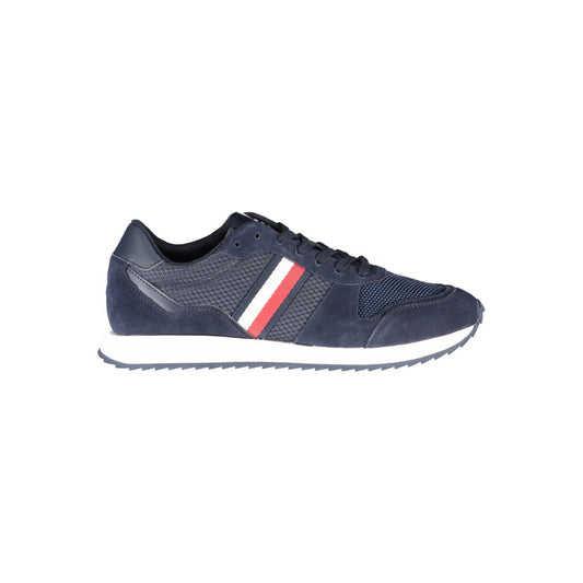 Tommy Hilfiger Blue Polyester Men Sneaker with iconic logo, crafted sustainably for fashion-forward individuals.