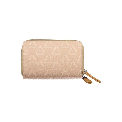 Mario Valentino Beige Polyethylene Women Wallet with logo pattern and zip closure, luxury fashion accessory for modern trendsetters.
