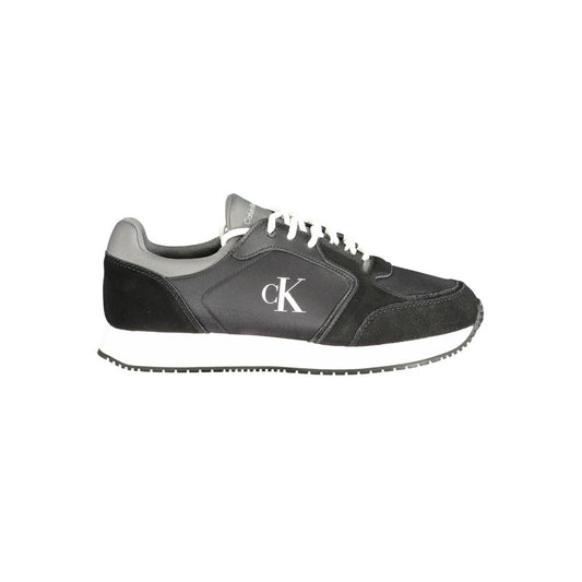 Calvin Klein Black Leather Men Sneaker with logo, black and grey design, stylish and comfortable sports shoes for modern men.