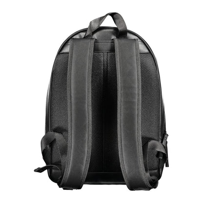 Tommy Hilfiger Black Polyester Backpack with adjustable straps, rear view showing durability and design.