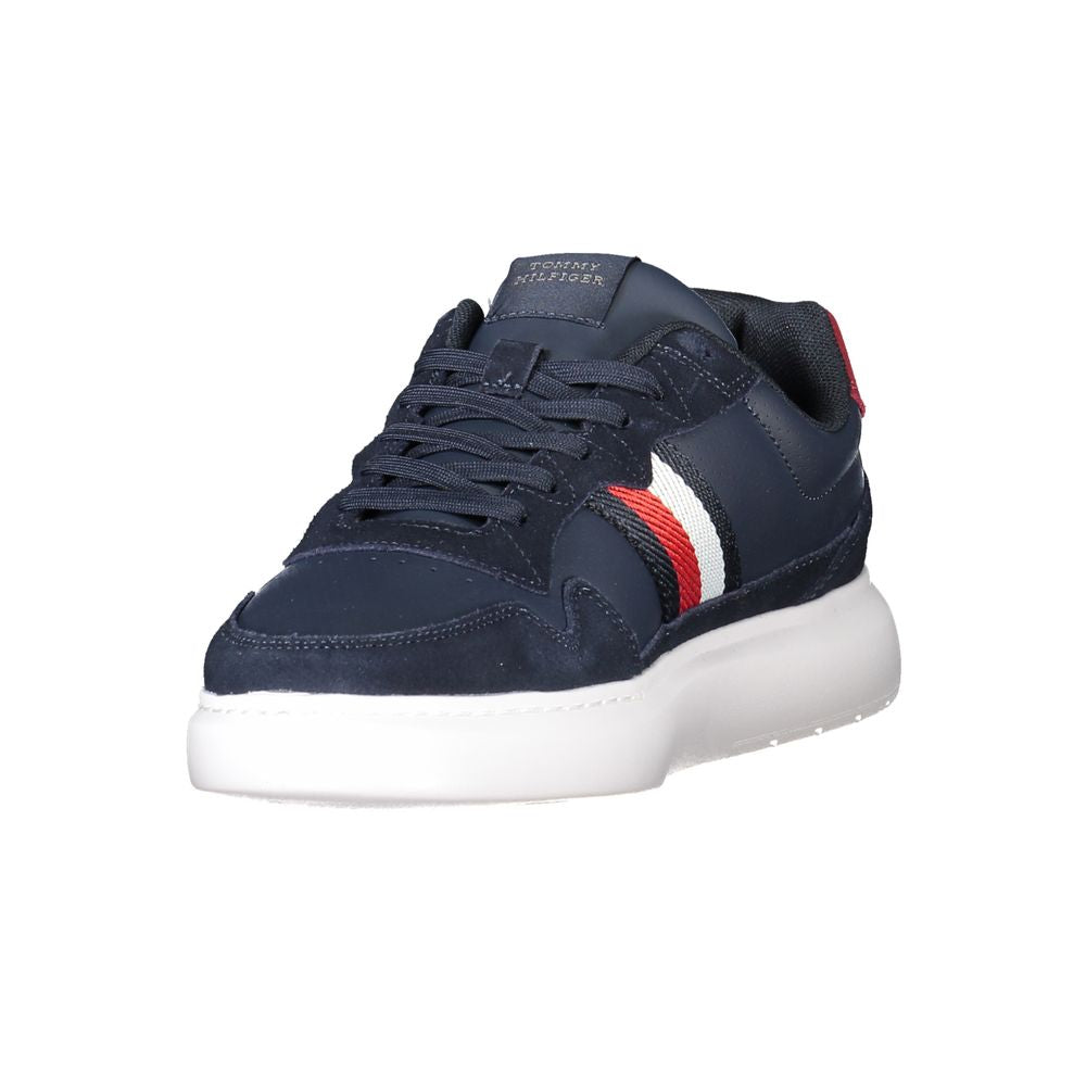 Tommy Hilfiger Blue Leather Men Sneaker with red and white stripes, featuring a removable footbed and iconic brand embroidery.