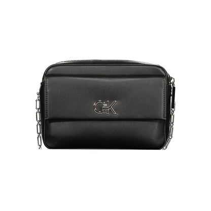 Calvin Klein Black Polyester Women Handbag with logo, external pocket, internal card pocket, and zip closure.
