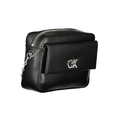 Calvin Klein Black Polyester Women Handbag with logo, featuring external pocket and zip closure, eco-conscious, elegant design.