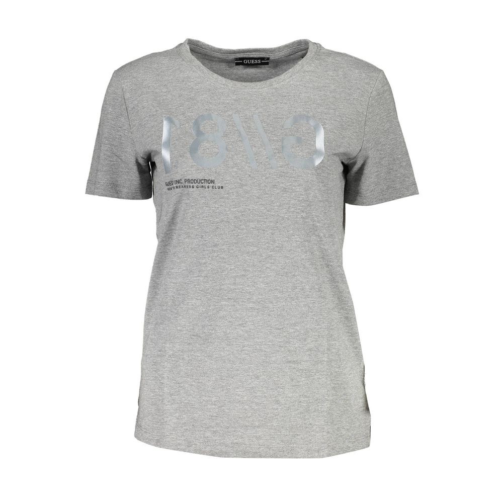 Guess Jeans Gray Cotton Women T-Shirt with short sleeves and wide neck design, featuring iconic Guess logo and striking print.