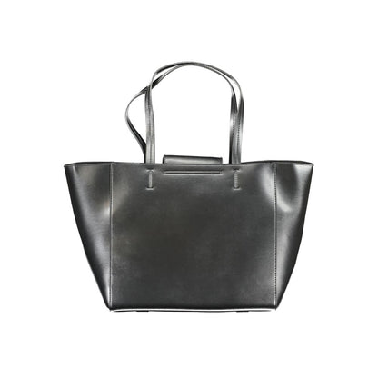 Calvin Klein Black Polyester Handbag with two shoulder handles, internal pocket, snap closure, and logo, made from recycled materials.