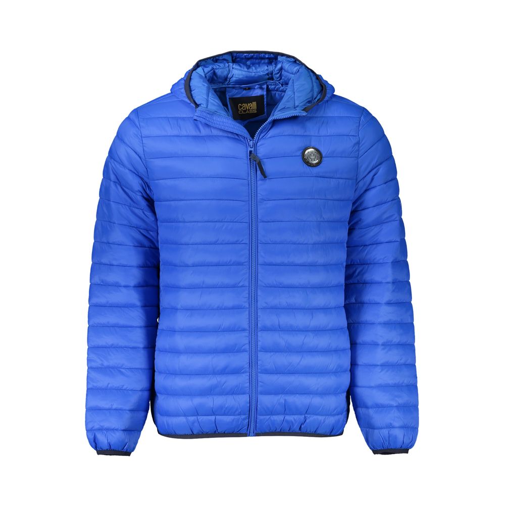 Cavalli Class Blue Polyamide Men Jacket with hood and logo, featuring light padding, zipper closure, and four pockets for functional style.