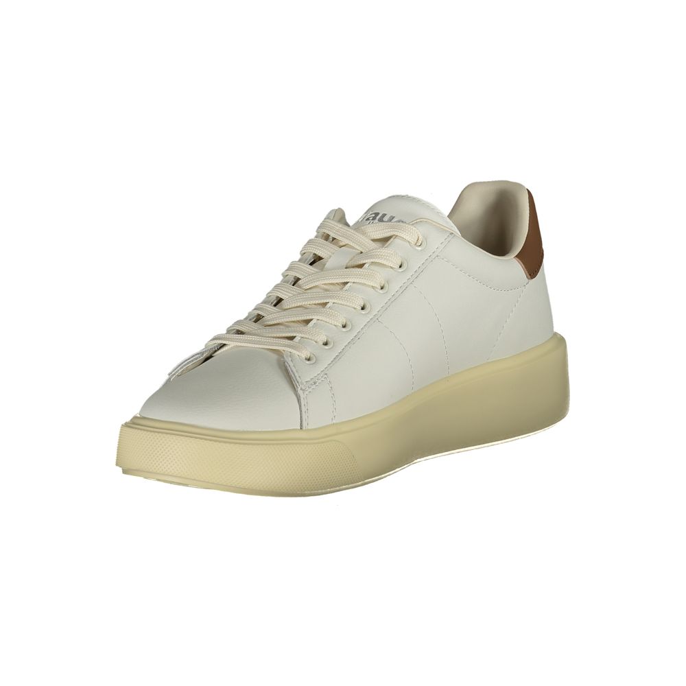Blauer White Leather Men Sneaker with brown accents, side view showing sleek design and durable leather-polyester blend.