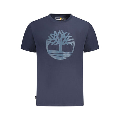Timberland Blue Cotton T-Shirt featuring short sleeves, crew neck, and logo print design