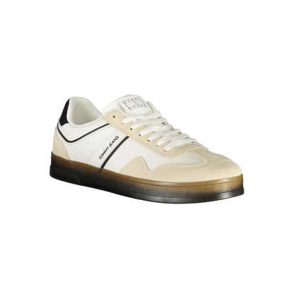 Tommy Hilfiger White Leather Men Sneaker with black accents and logo, featuring a modern design and removable footbeds for comfort.