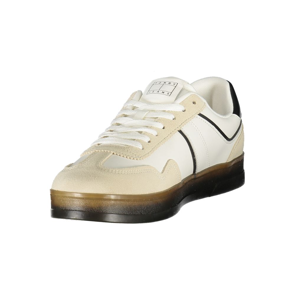 Tommy Hilfiger White Leather Men Sneaker with black accents and removable footbeds with logo, stylish and modern footwear design.
