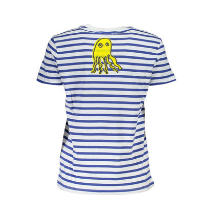 Desigual Blue Cotton Women T-Shirt with stripe pattern and octopus print on the back.