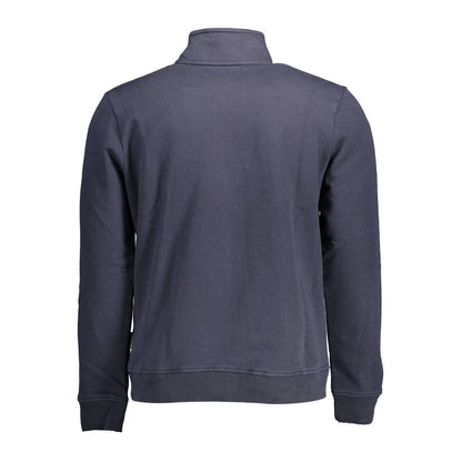 Back view of Napapijri Blue Cotton Men Sweater with long sleeves, zip closure, and embroidery detail, showcasing premium quality fabric.