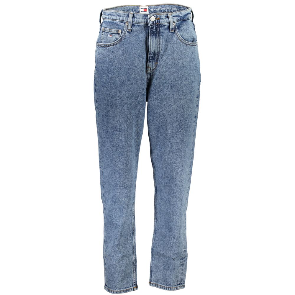 Tommy Hilfiger Blue Cotton Women Jeans with high waist and tapered leg, featuring embroidery and classic logo, fashionable and comfortable.