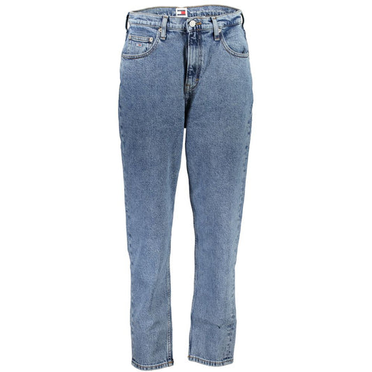 Tommy Hilfiger Blue Cotton Women Jeans with ultra high waist and tapered leg showcasing expert embroidery and comfort stretch.