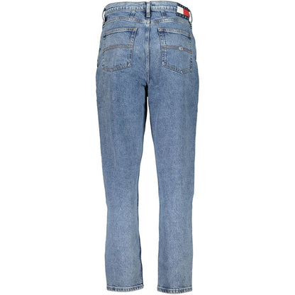 Back view of Tommy Hilfiger Blue Cotton Women Jeans with high waist and tapered leg, showcasing chic design and iconic logo.