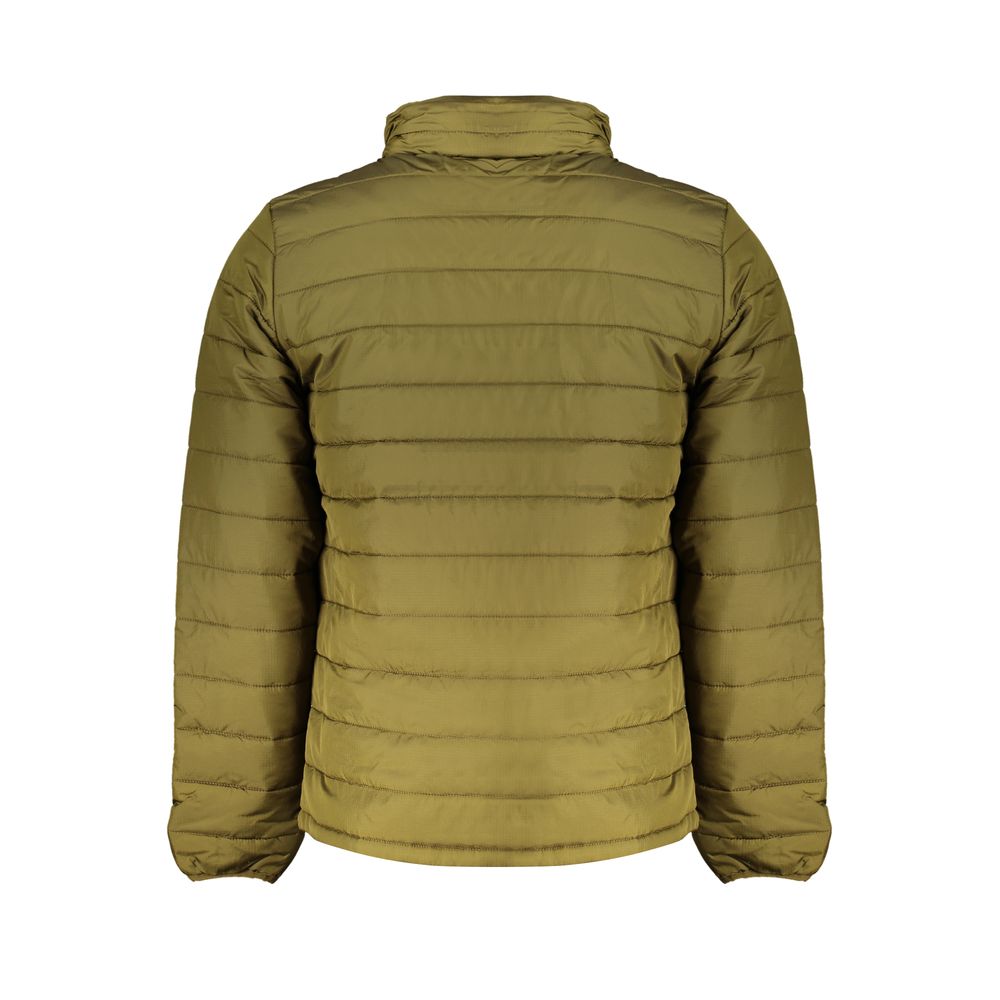 Back view of Timberland Green Polyester Men's Jacket showcasing recycled material and eco-conscious design for outdoor enthusiasts.