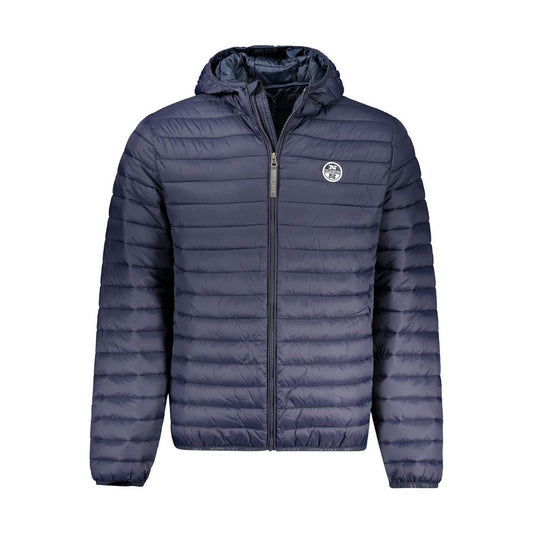 North Sails Blue Polyamide Men Jacket with hood and logo, lightweight design, featuring external and internal pockets for functionality and style.
