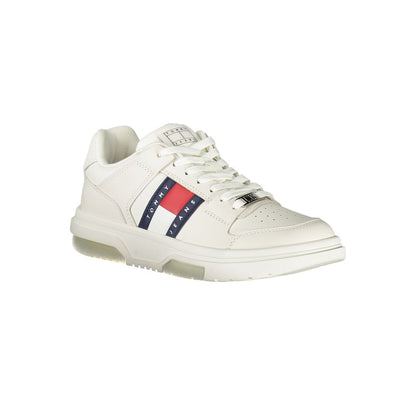 Tommy Hilfiger White Leather Women Sneaker with bold contrasting details and signature logo for modern sophistication and comfort.