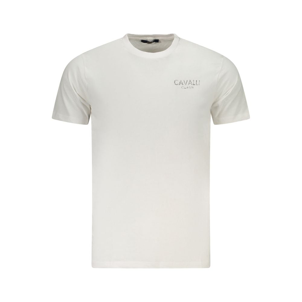 Cavalli Class White Cotton Men's T-Shirt with logo and bold print, short sleeve crew neck fashion statement, made from cotton, white color